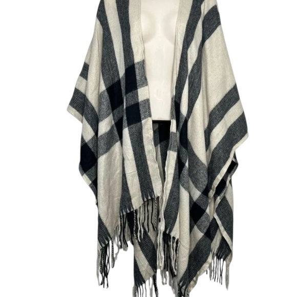 NEW Banana Republic Women Wrap Cardigan Poncho OS Tan Black Fringe Trim - Picture 2 of 12